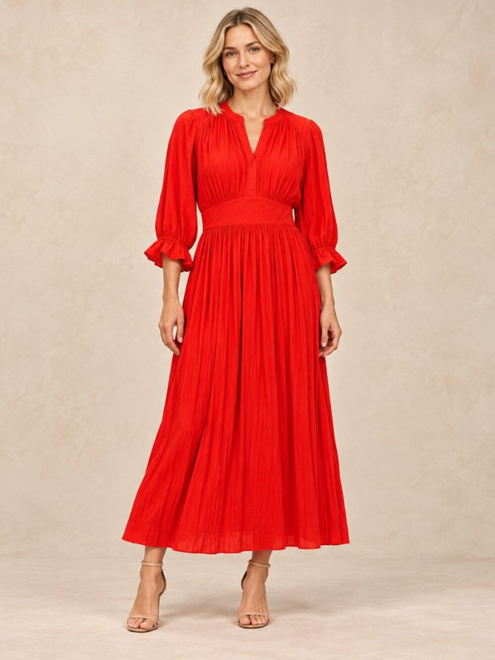 Scotch & Soda Maison Scotch Red Lava Maxi Dress Medium Ruffle Sleeve Aloha Hula
